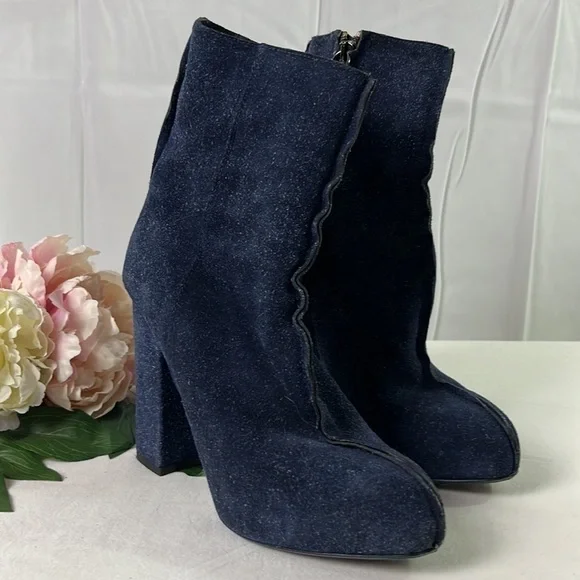Acne Studios Navy Blue Suede Seamed Side Zip Block Heeled Boots Size EU 37 - Picture 2 of 8